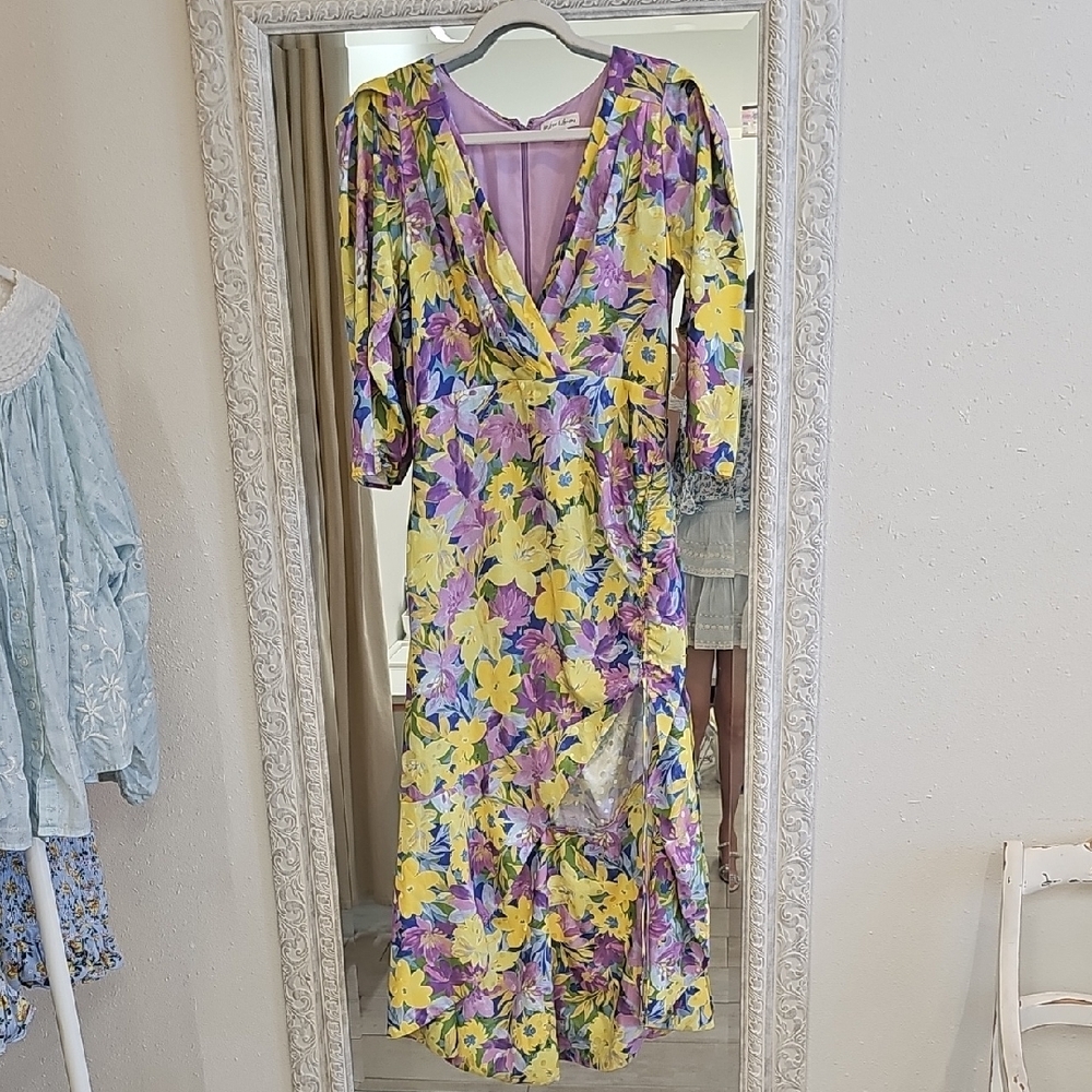 SOLD- For Love &Lemons Yellow and Purple Sundress With Slit On The Side - SIZE L